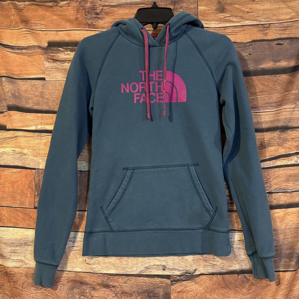 The North Face Women's Small S Pullover Hoodie Teal Pink Logo Drawstring